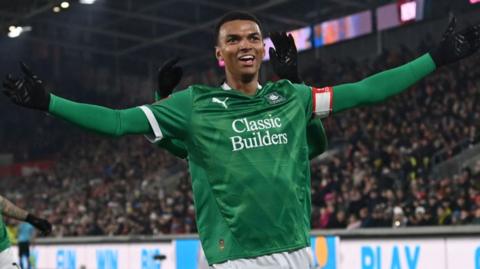 Morgan Whittaker celebrates scoring for Plymouth in the FA Cup