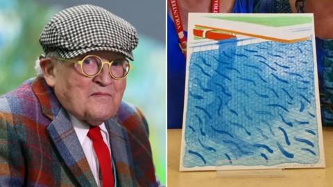 Split image of David Hockney, wearing a checked flat cap, yellow glasses, a colour blazer and red tie, next to an image of the colourful blue print of a swimming pool, with a faint pencilled signature of David Hockney in the bottom right hand side
