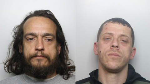 Custody headshot pictures of Nathan Hageman on the left, who has should length brown hair and a brown hair and is wearing a prison-issue grey tracksuit top. Clift, on the right, is wearing a hooded top with a black trim and has short stubble, a small cut on the right side of his face and another on the right side of his forehead, and short hair.