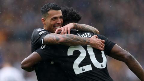 Tottenham's Pedro Porro and Mohammed Kudus celebrate goal