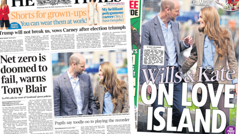 "Net zero is doomed to fail, warns Tony Blair" reads the headline of The Times with the front page of The Sun in parallel that reads "Wills & Kate on love island".