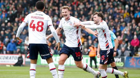 Sam Dalby celebrates scoring for Bolton