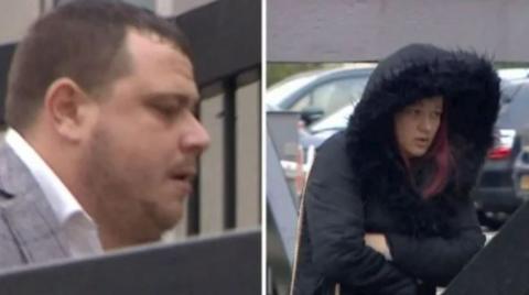 Two images side by side - one of Jack Wheeler, a man in his early 30s with short brown hair who is wearing a grey checked blazer and a white shirt. The other image is of Melissa Wilband, who is walking through a car park with the fur hood of her black coat up and her arms folded. She has long red hair. Parked cars can be seen behind her.