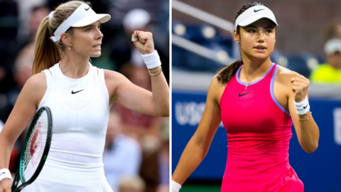 Katie Boulter and Emma Raducanu hold up their fist in celebration