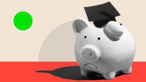 Treated image of a piggy bank with a sad face and a square academic cap/graduate cap on top of it