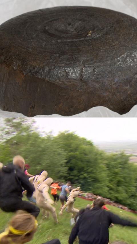 Half the image is a wooden cheese, the other half is people taking part in cheese rolling.