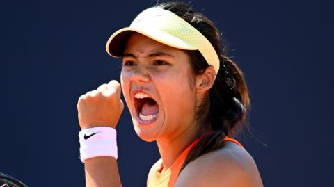 Emma Raducanu celebrates a point during her Italian Open third-round match against Veronika Kudermetova