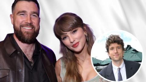 Travis Kelce, Taylor Swift and a cut out of Greg James in a circle. 