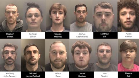Mugshots showing all 12 criminals, who are comprised of 11 men and one woman.