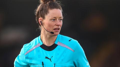 Referee Kirsty Dowle officiating the League Two match between Grimsby and MK Dons