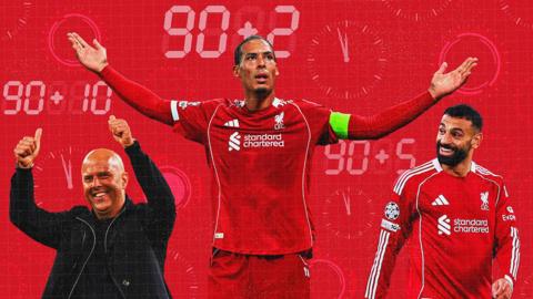 A composition graphic of Arne Slot, Virgil van Dijk, and Mohamed Salah celebrate some of Liverpool's late winners