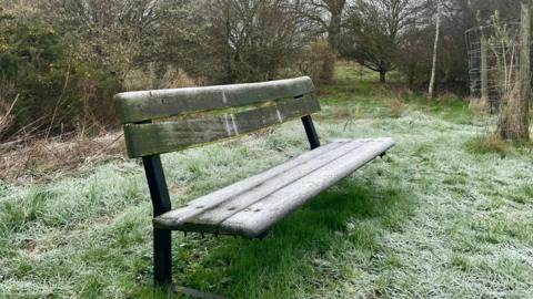 A park bench is pictured covered in a frost. The grass around the bench is similarly frosted over. Trees sit behind the bench.