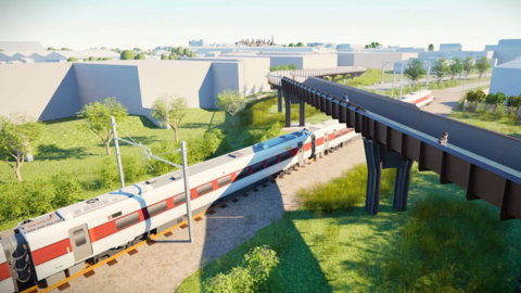 A computer-generated visualisation of a proposed replacement modern steel bridge which crosses over a railway line on tall supports. A passenger train is travelling beneath the bridge on a section of track. A small number of pedestrians and cyclists are shown using the bridge.