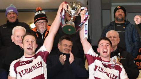 Mark McGuigan and Conor McAllister celebrate after Slaughtneil regained the Ulster Club Hurling title earlier this month