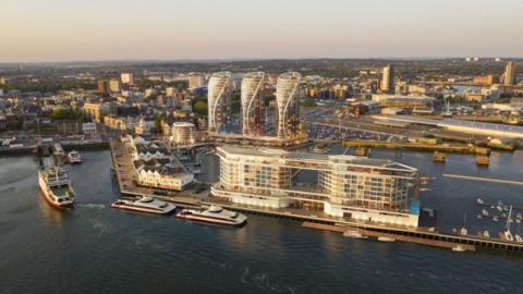 CGI of multiple buildings on a waterfront - three are high-rise, ferries and smaller boats can be seen dotted both sides of a quay area.