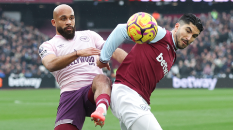 West Ham's Carlos Soler and Brentford's Bryan Mbeumo compete for the ball