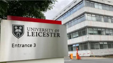 Sign which reads: UNIVERSITY OF LEICESTER ENTRANCE 3