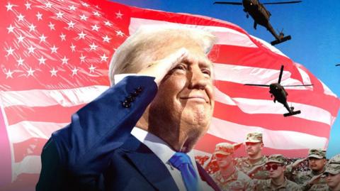 In the foreground, several soldiers in uniform are saluting, showing respect and discipline. Donald Trump stands prominently in front of a large American flag, also saluting. In the background, three military helicopters soar through the sky, adding to the sense of grandeur. The composition suggests a formal military event or ceremony, with a strong emphasis on symbolism and US national pride.
