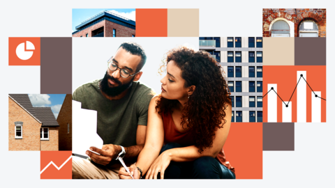 Promotional image for the housing target tracker. There is a young couple in the middle looking at some paperwork. Around them are various images of details from buildings and stylised charts. The palette is predominantly orange.