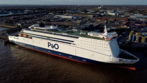 Aerial view of the Pride of Hull ferry berthed at King George Docks in Hull