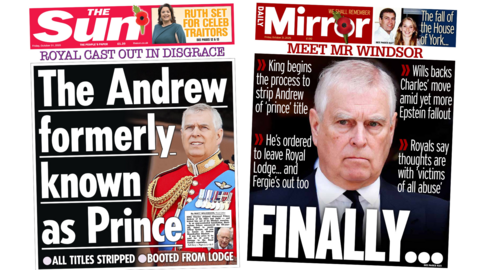 A composite image of the front pages of The Sun and The Daily Mirror. The headline on the former reads "the Andrew formerly known as Prince" and the headline on the latter reads "Meet Mr Windsor".