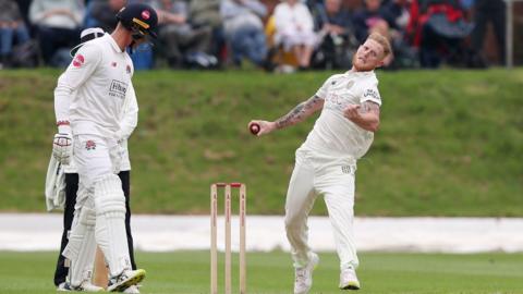 Durham's Ben Stokes (right) bowling on day one of the Vitality County Championship match at Stanley Park, Blackpool.