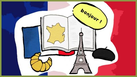 Illustration showing typically French items - a croissant, a beret and the Eiffel Tower. Superimposed on a French flag with the word, 'bonjour!'
