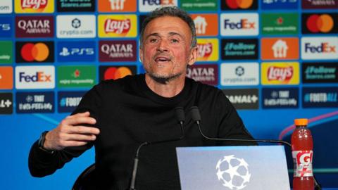 Luis Enrique speaks at a post-match Champions League media conference