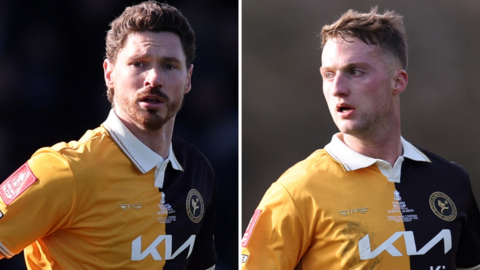 Split image of George Evans and Jack Armer in action for Burton Albion