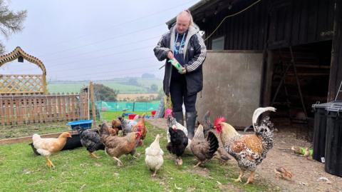 A woman with her hair scraped back in a ponytail feeding about 20 chickens with a stable in the background and fields beyond.