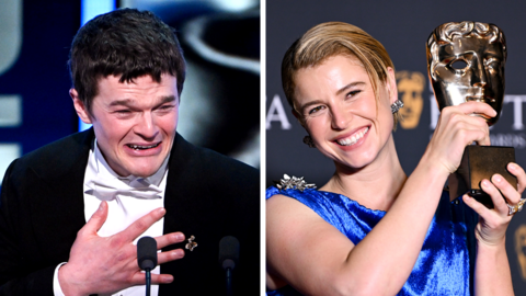 A composite image of Robert Aramayo on stage accepting the Leading Actor Award for 'I Swear', and Jessie Buckley holding her Bafta at the 2026 EE BAFTA Film Awards held at The Royal Festival Hall on February 22, 2026 in London, England.