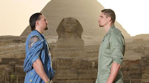 Oleksandr Usyk and Rico Verhoeven face off in front of pyramids