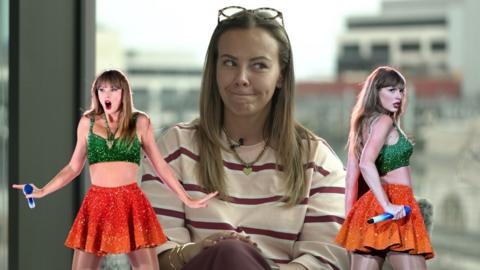 Tink Llewellyn who has blonde hair and is wearing a pale pink jumpwe with red stripes sat between two superimposed photos of Taylor Swift in a green bra top and orange skirt