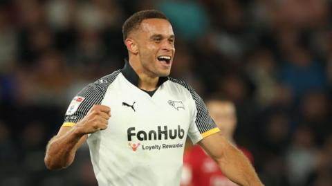 Carlton Morris celebrates his equaliser for Derby against Bristol City