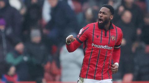 Jamille Matt celebrates his goal for Walsall against Chesterfield. 