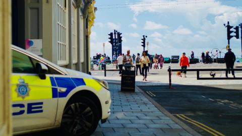 A police car parked on Brighton seafront. About 10 people and a couple of dogs are walking across the road in the sunshine. 