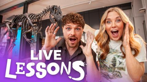 Live Lessons presenters in a museum, shouting with joy, with a dinosaur skeleton behind them, and Live Lessons logo.