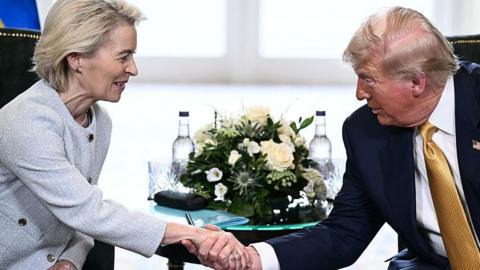 Ursula von der Leyen shakes hands with Donald Trump, both seated with a bunch of white roses and Scottish thistles between them. Von der Leyen wears a light grey suit jacket and has short blonde hair. Trump wears a navy suit jacket, white shirt and a mustard tie.