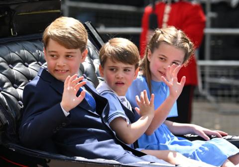 Prince George, Prince Louis and Princess Charlotte in the carriage procession at Trooping the Colour during Queen Elizabeth II Platinum Jubilee on June 02, 2022
