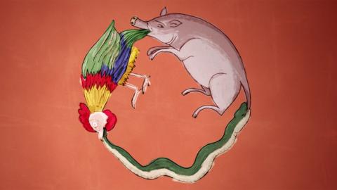 An illustraion of a pig, rooster and snake forming a circle