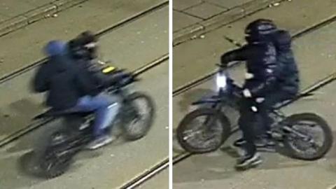 Two CCTV images of four young people on e-bikes. They are wearing dark clothing and balaclavas. 