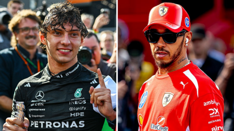 A split image of Kimi Antonelli and Lewis Hamilton, showing Antonelli celebrating his Belgian Grand Prix victory and Hamilton wearing sunglasses