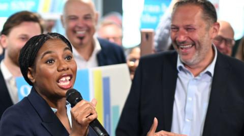 Conservative Party leader Kemi Badenoch campaigning for Aberdeen South candidate Douglas Lumsden during a visit to Cove Rangers ahead of the by-election.