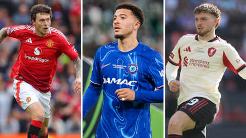 Split picture of Victor Lindelof playing for Manchester United, Jadon Sancho playing for Chelsea and Harvey Elliott playing for Liverpool