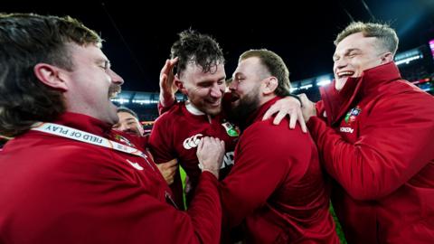Lions players celebrate their second Test
