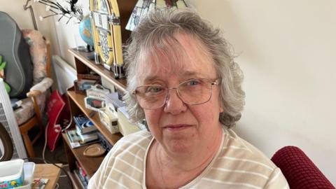 Diane Green has grey wavy hair, gold rimmed glasses, a beige and white striped top with various ornaments behind her in a living room.