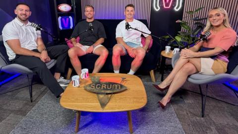 L-R: Alex Cuthbert, Gareth Anscombe and Jonathan Davies with presenter Lauren Jenkins