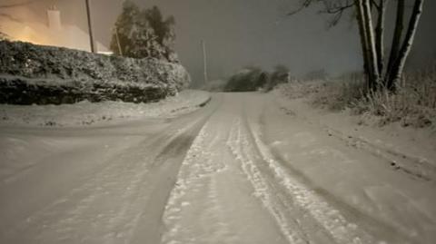 A road and pavements covered in snow, under a leaden sky 