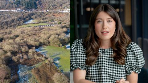 BBC Reporter Meleri Williams and aerial shot of land 
