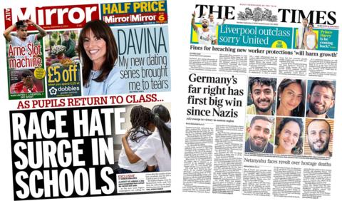 The front pages of the Daily Mirror, which reads: 'Race hate surge in schools' and the Times, which has the headline: 'Germany's far right has first big win since Nazis'.